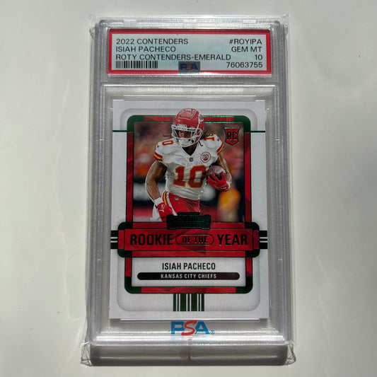 ISIAH PACHECO 2022 CONTENDERS FOOTBALL ROOKIE OF THE YEAR EMERALD PSA 10