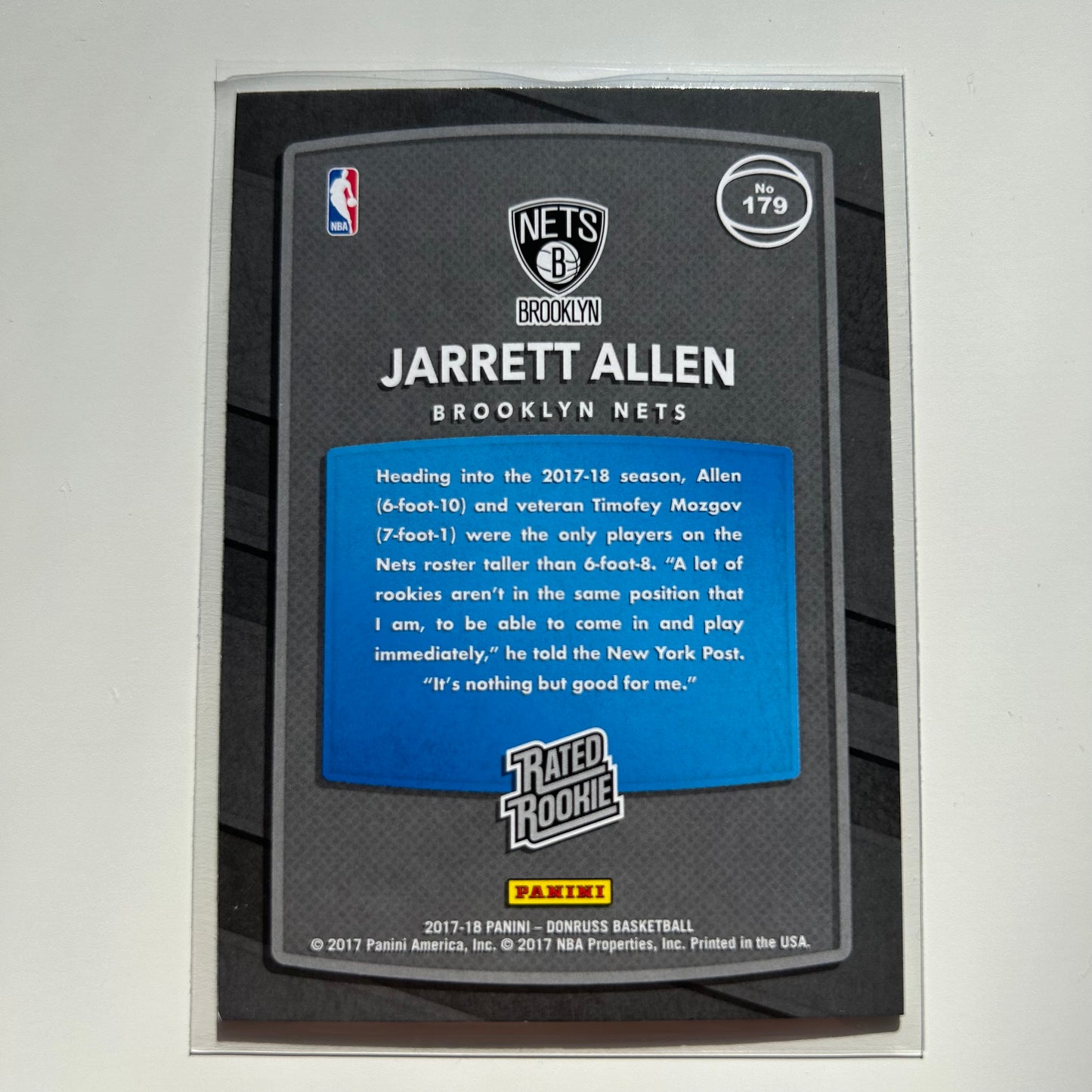Panini Donruss 2017-18 Jarrett Allen RATED ROOKIE RC Brooklyn Nets